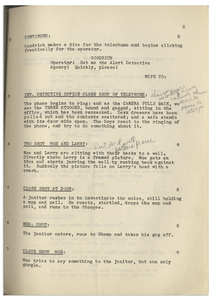 Moe Howard's 28pp. Script Dated July 1947 for The Three Stooges Film ''Who Done It?'' -- With Annotations in Moe's Hand & Shooting Schedule -- Very Good Condition